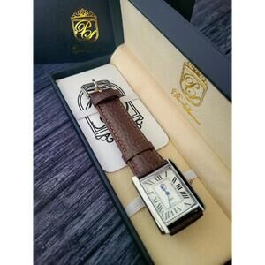 Pierre Lucerne Mens Tank Watch White‎ Dial Brw Strap With Box
